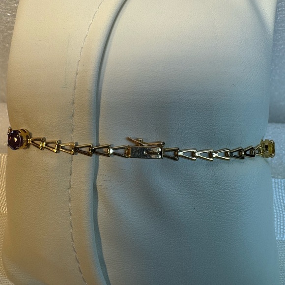 14KT Yellow Gold Triangle Link Chain Multicolor Gemstone Bracelet - Picture 3 of 8